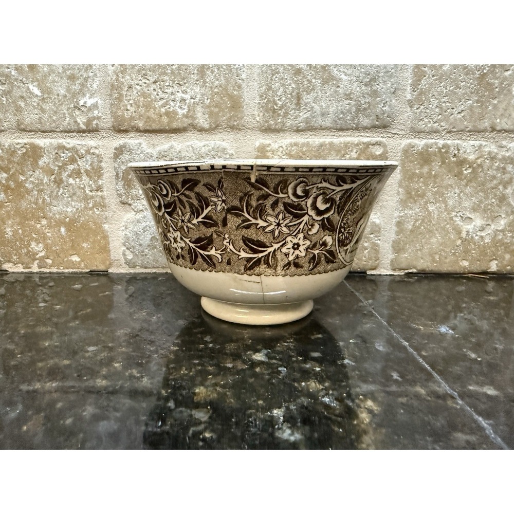 1800s Antique French Sarreguemines Brown White Transfer Ware Ironstone Bowl